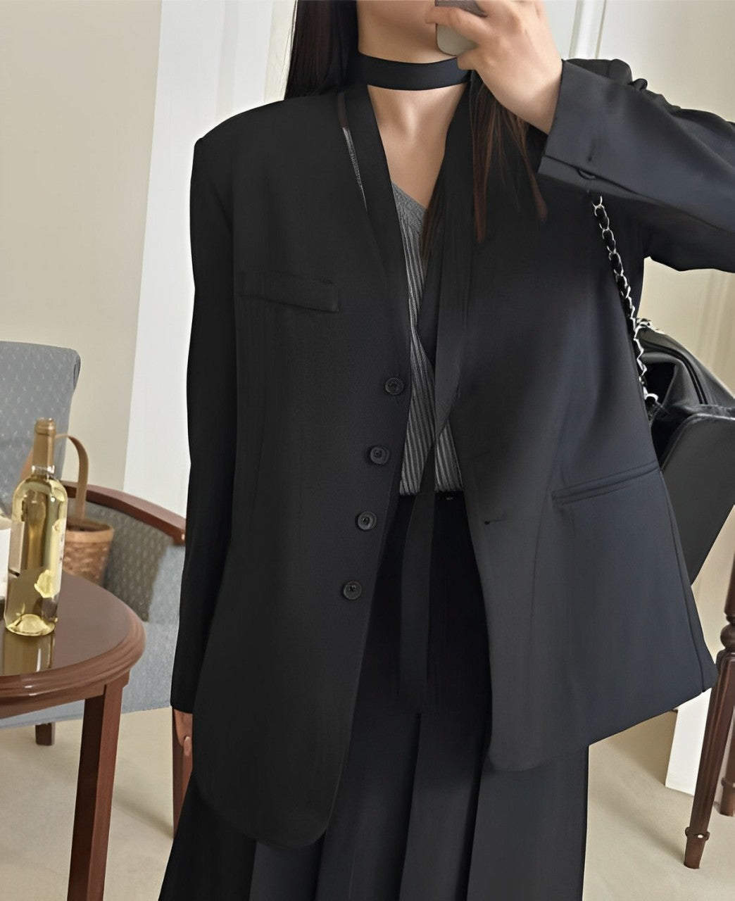 U104 Collarless Belted Blazer