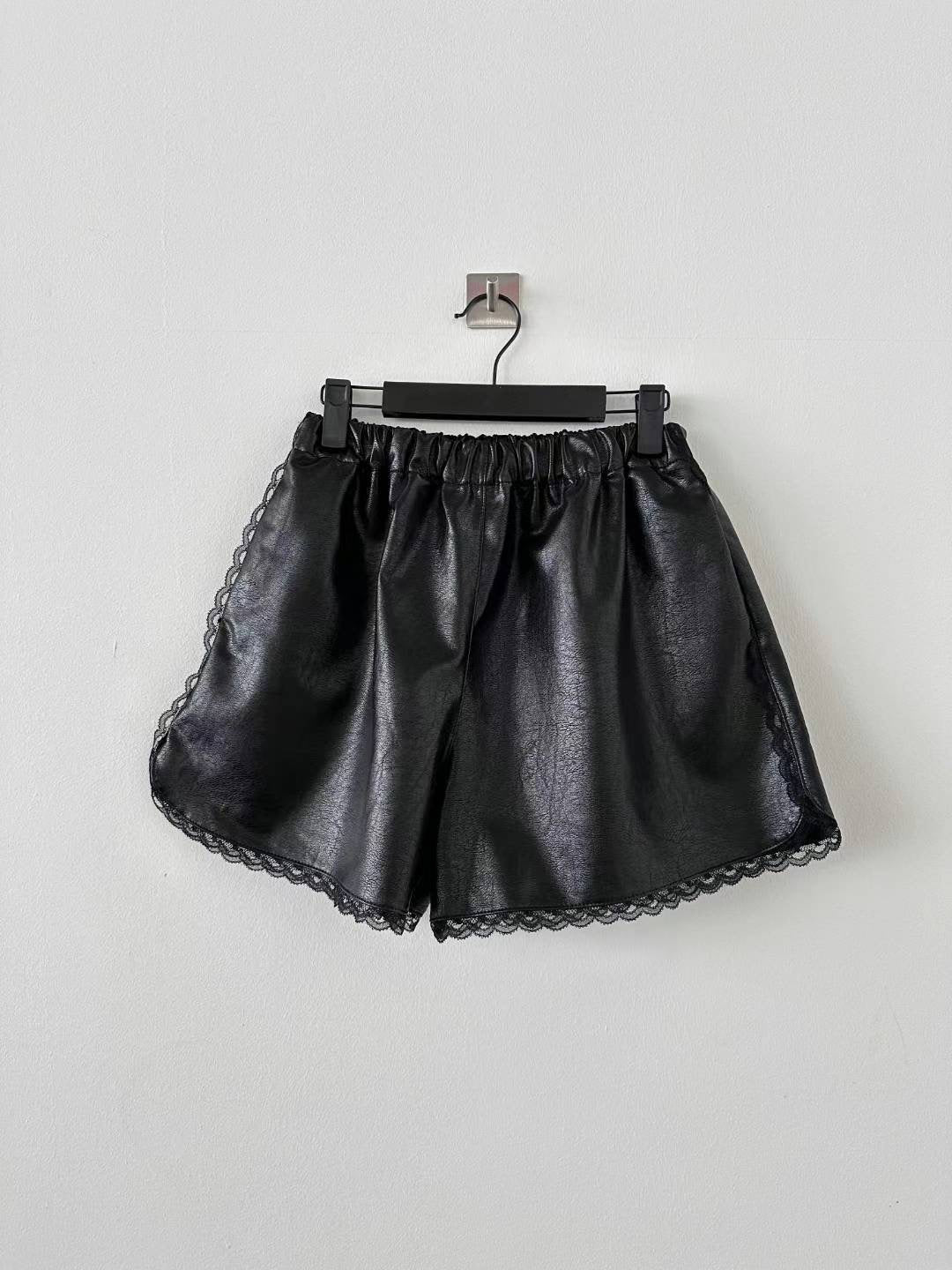 B110 Lace Trim Faux Leather Shorts