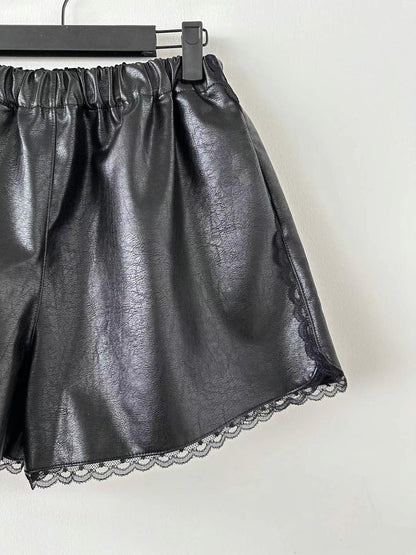 B110 Lace Trim Faux Leather Shorts