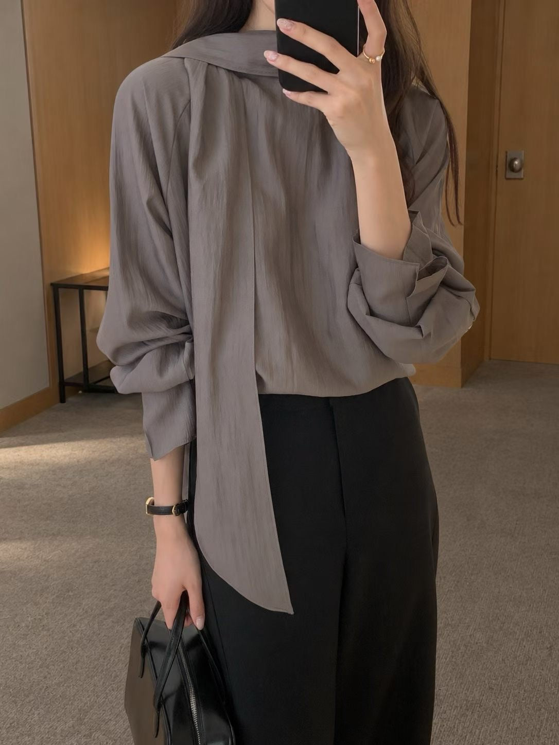 T232 Soft Trace Scarf Blouse seated styling