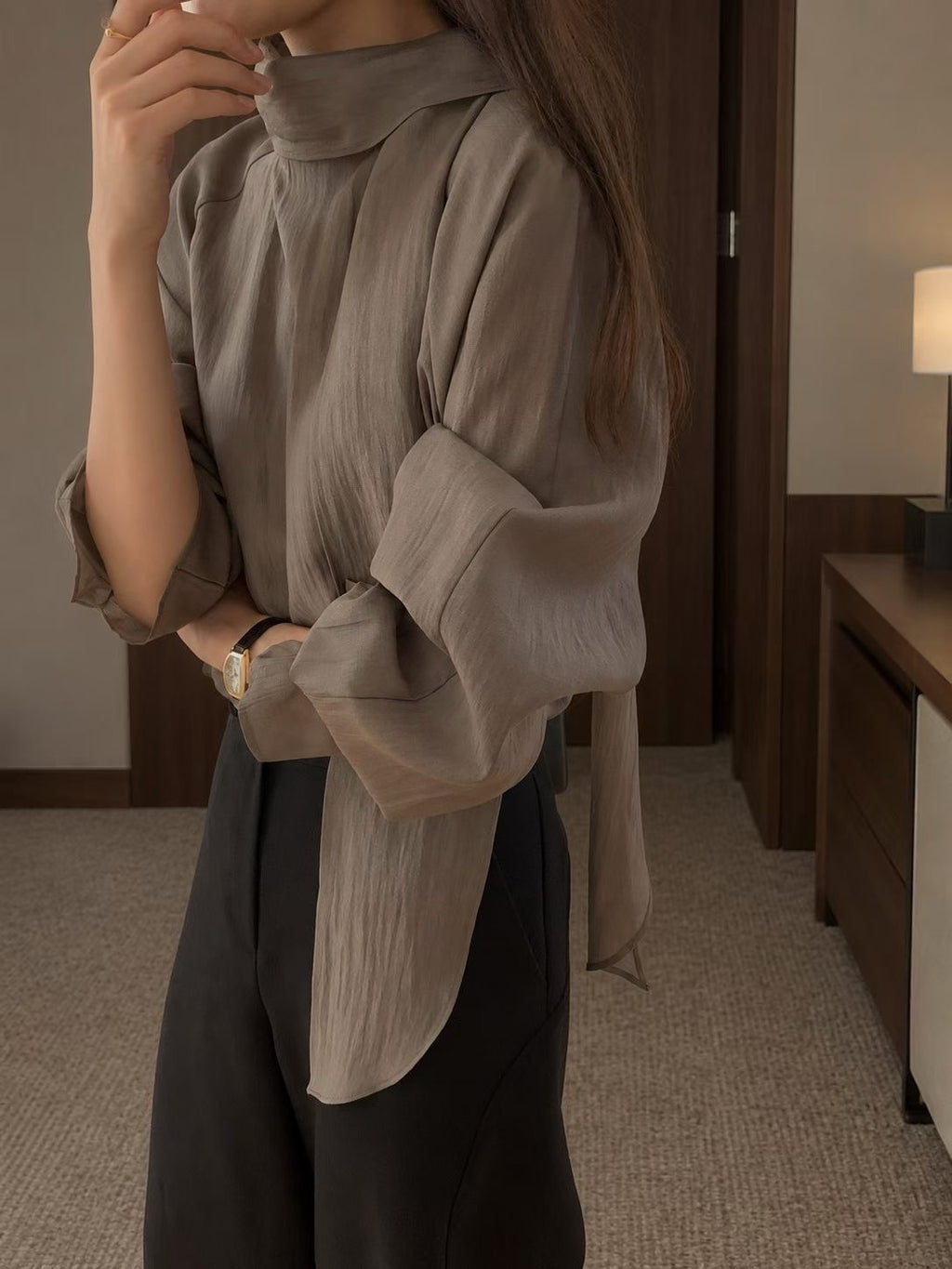 T232 Soft Trace Scarf Blouse pearl cuff detail