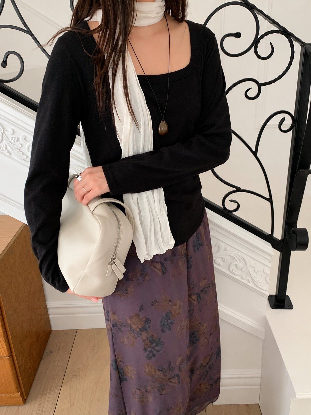 A120 Crinkle Line Scarf styled in White
