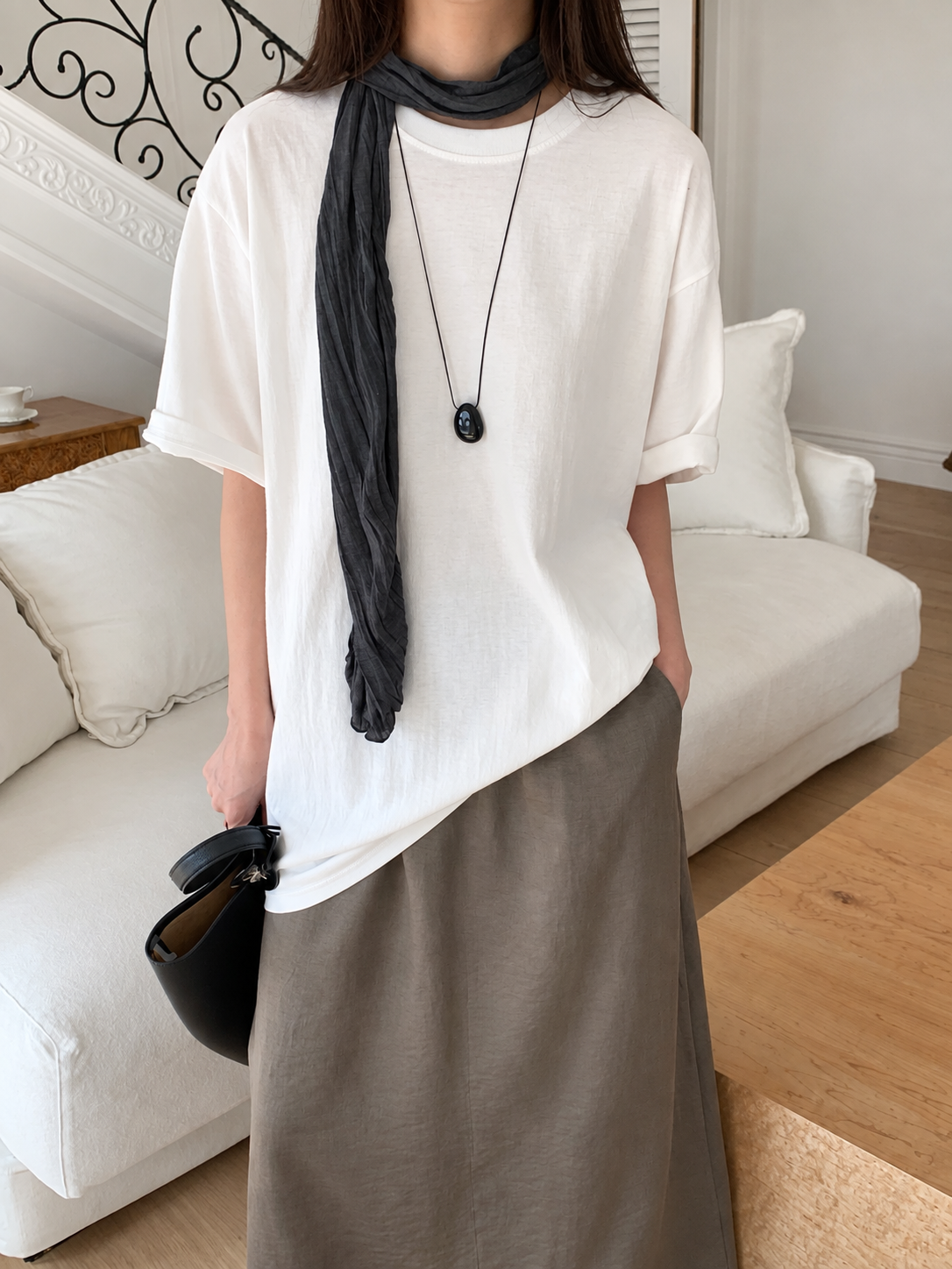 A120 Crinkle Line Scarf styled in White