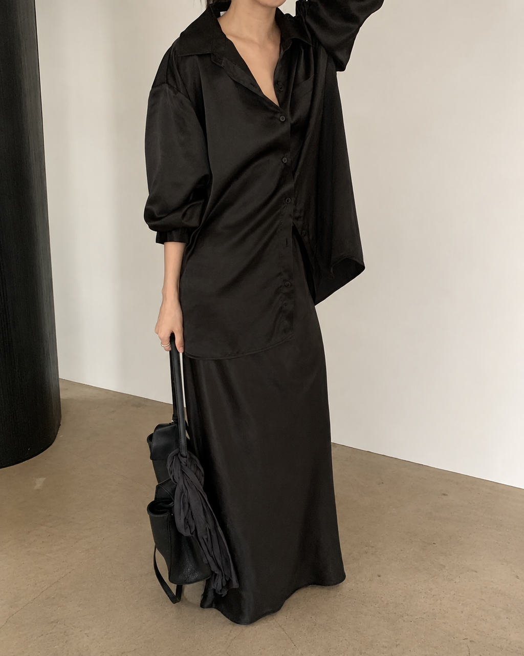 B205 Satin Flow Maxi Skirt - Black styled