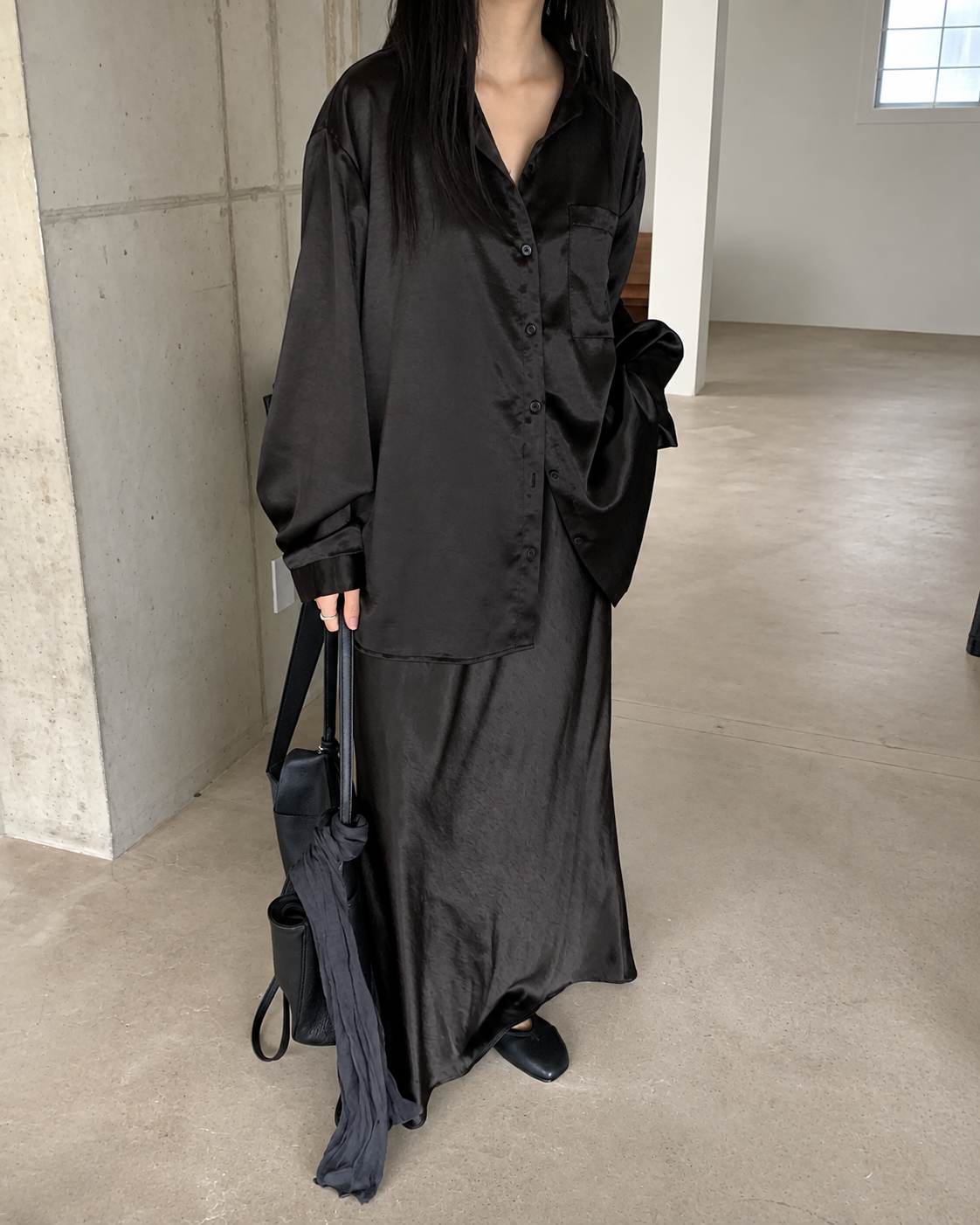 B205 Satin Flow Maxi Skirt - Black full styled look