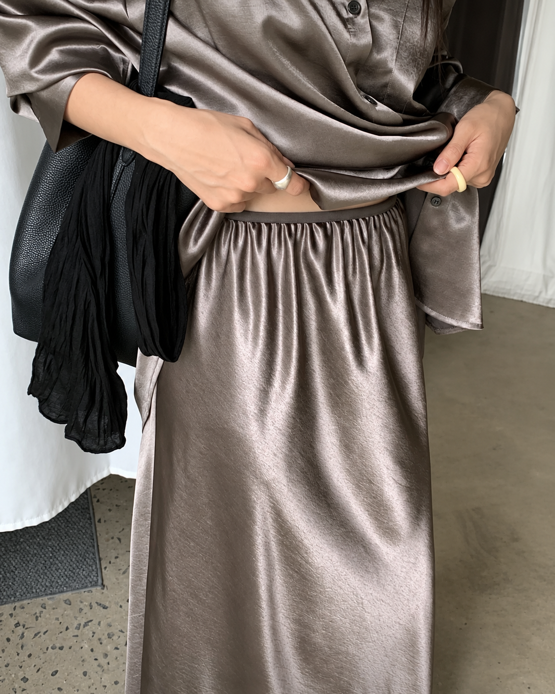 B205 Satin Flow Maxi Skirt - Brown elastic waist