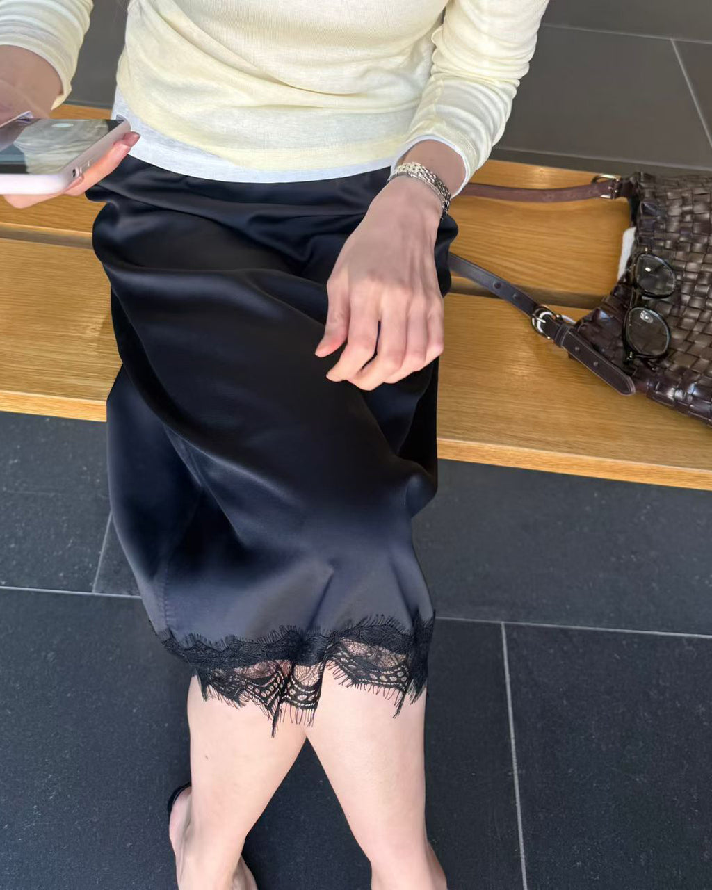 B206 Lace Trim Midi Skirt - Black lace detail