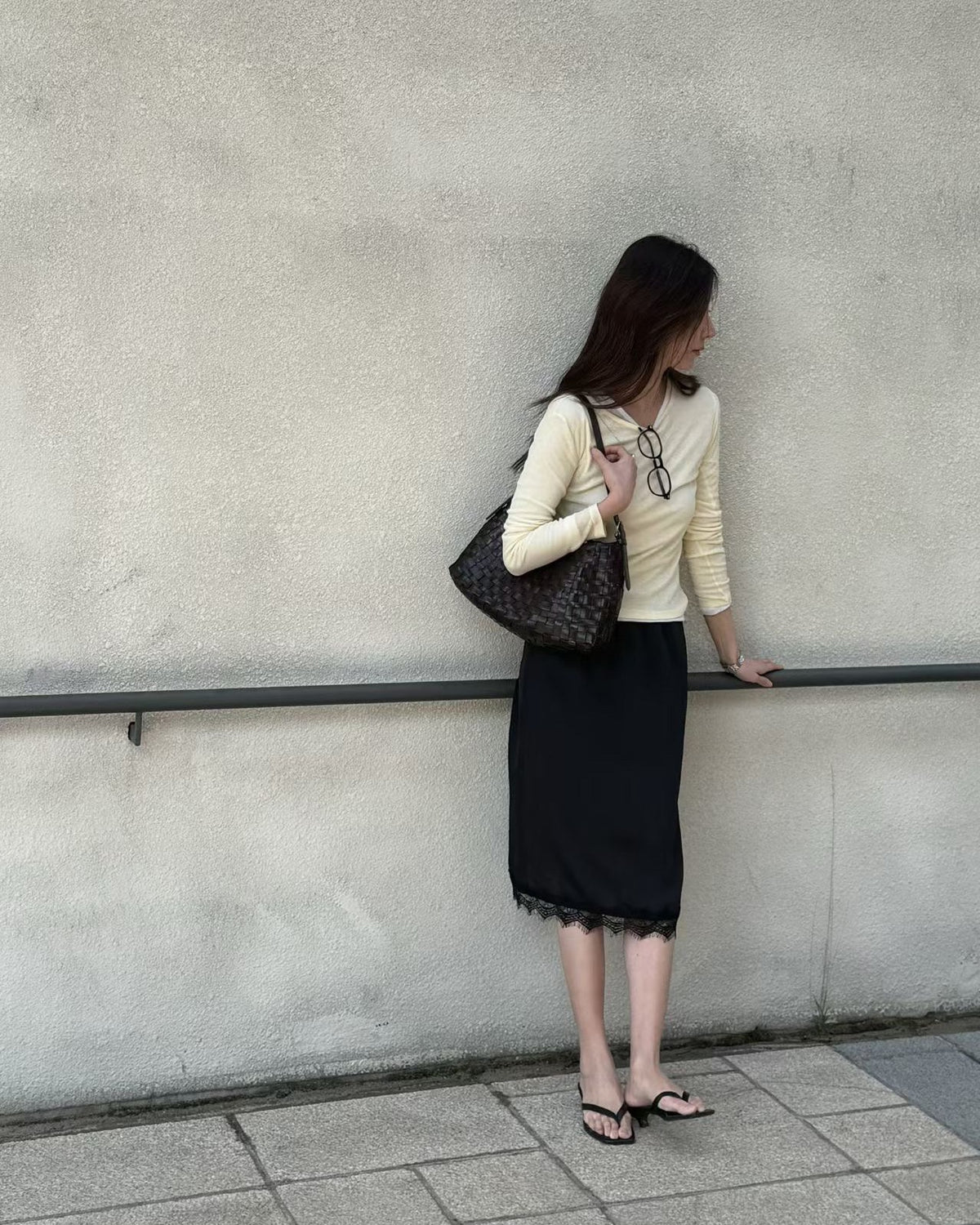 B206 Lace Trim Midi Skirt - Black styled look