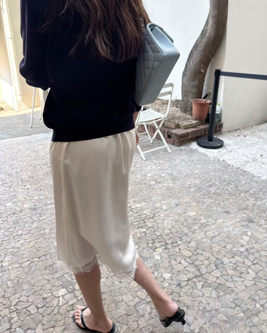 B206 Lace Trim Midi Skirt - Ivory back view
