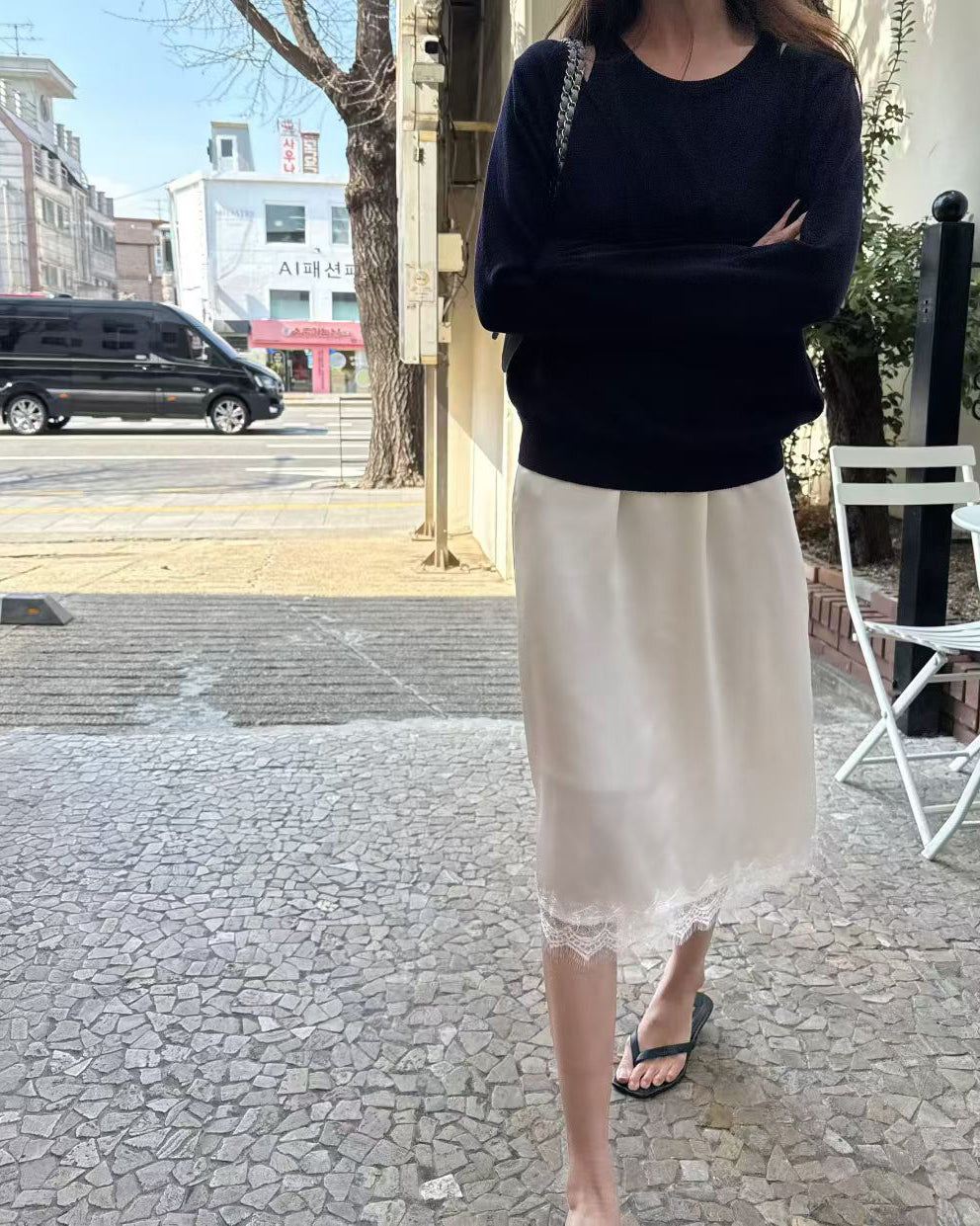 B206 Lace Trim Midi Skirt - Ivory front look