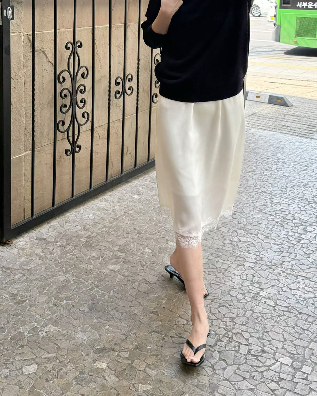 B206 Lace Trim Midi Skirt - Ivory full look