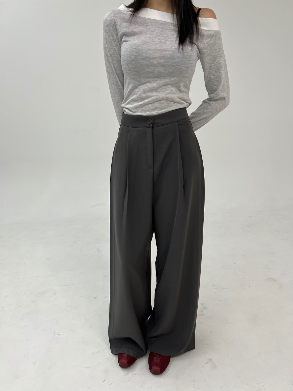 B207 Side Fold Tailored Pants - Charcoal front view