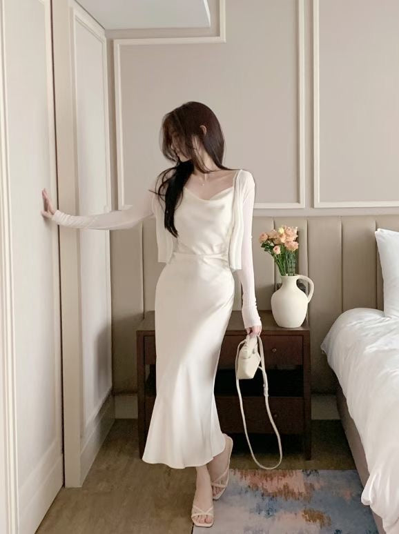 PS115 Satin Form Slip Dress - Ivory full look