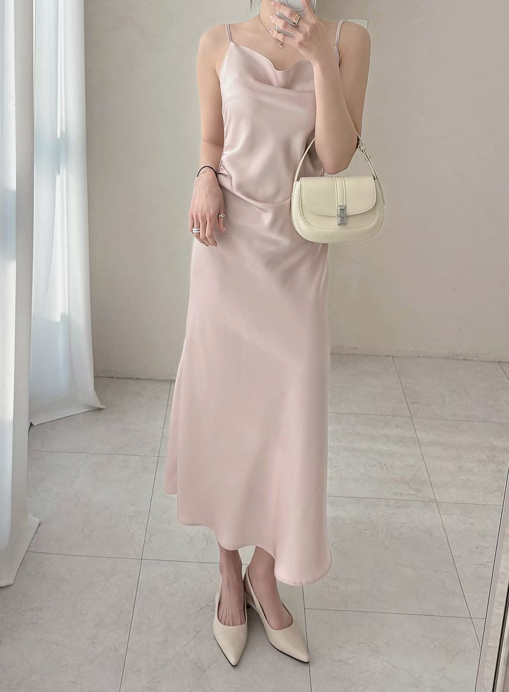 PS115 Satin Form Slip Dress - Pink front