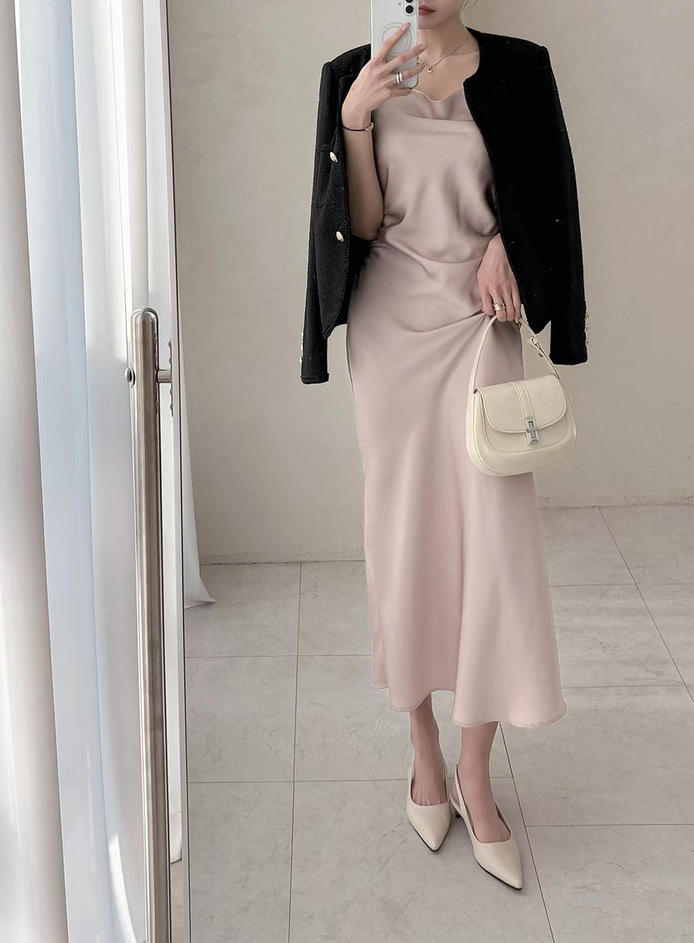 PS115 Satin Form Slip Dress - Pink styled with jacket