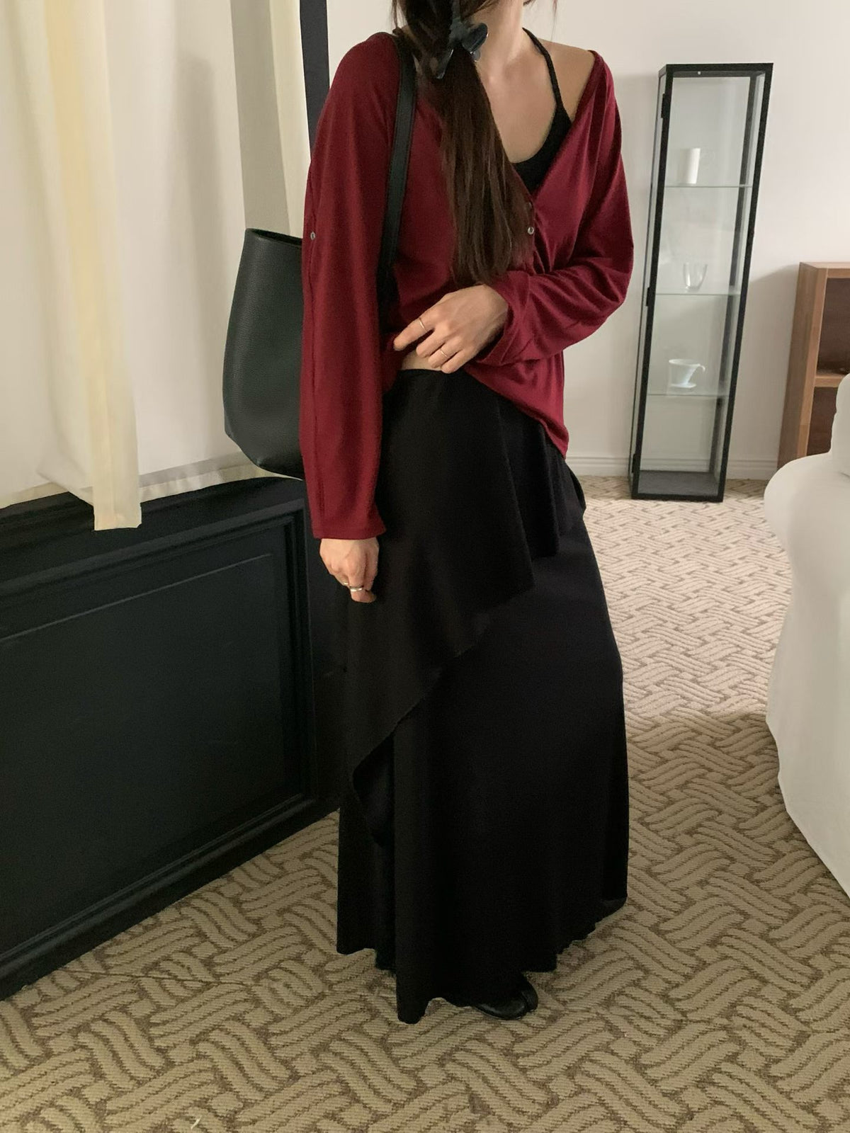 T222 Roll-Tab Henley Top - Burgundy full look