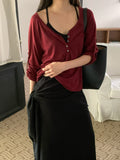 T222 Roll-Tab Henley Top - Burgundy styled