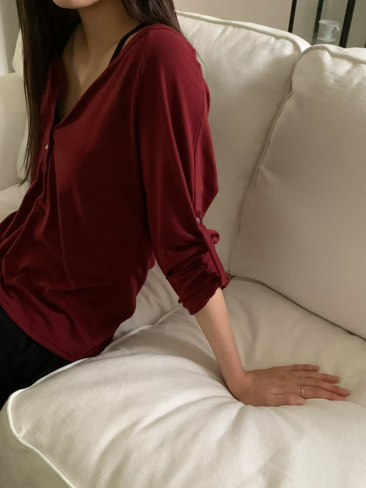T222 Roll-Tab Henley Top - Burgundy roll-up sleeve
