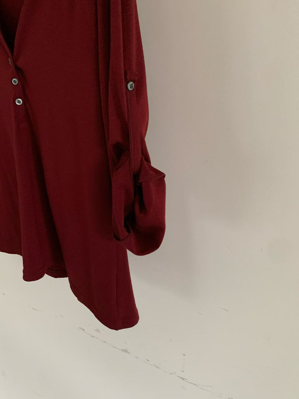 T222 Roll-Tab Henley Top - Burgundy sleeve tab detail
