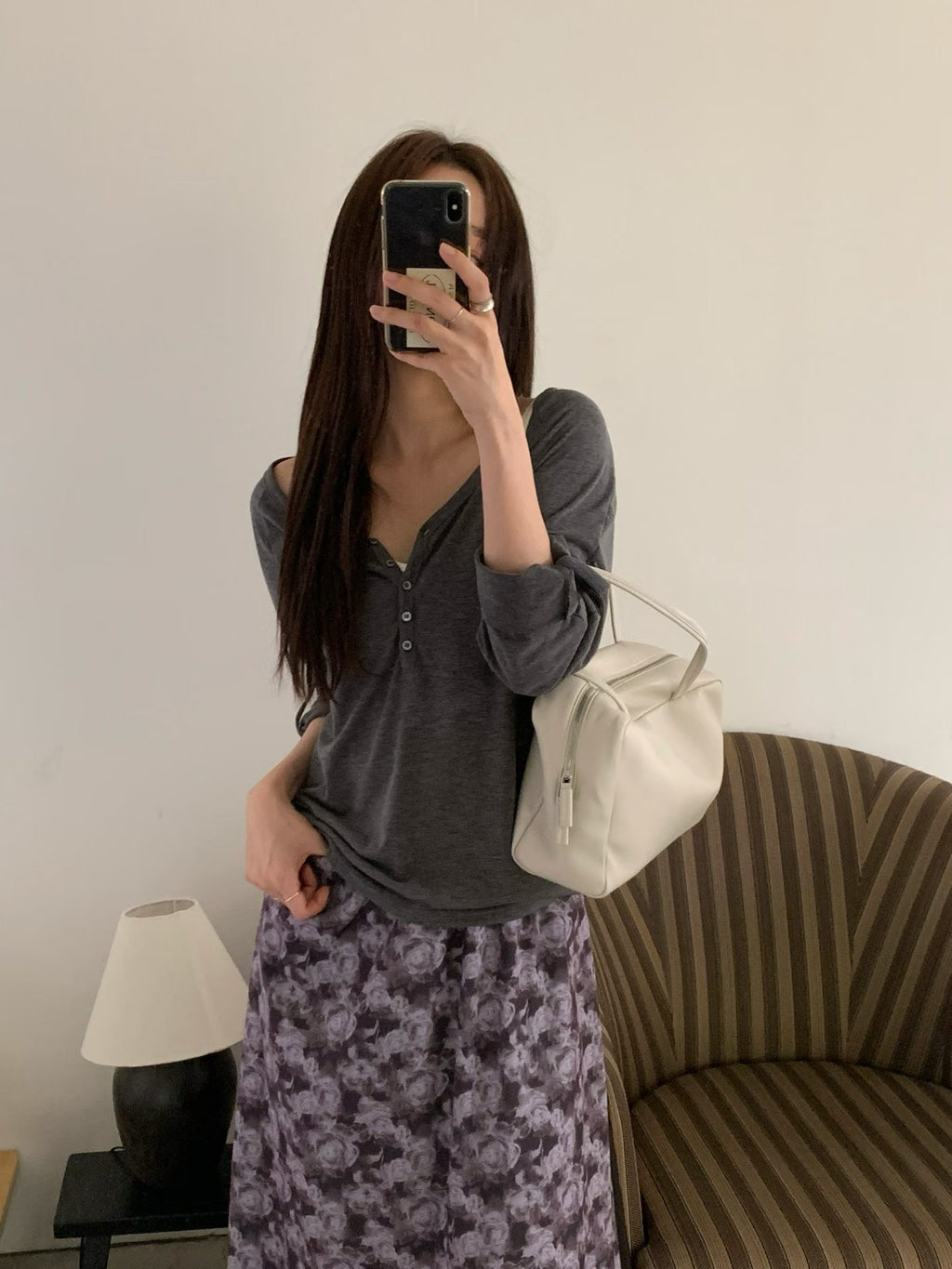 T222 Roll-Tab Henley Top - Charcoal styled