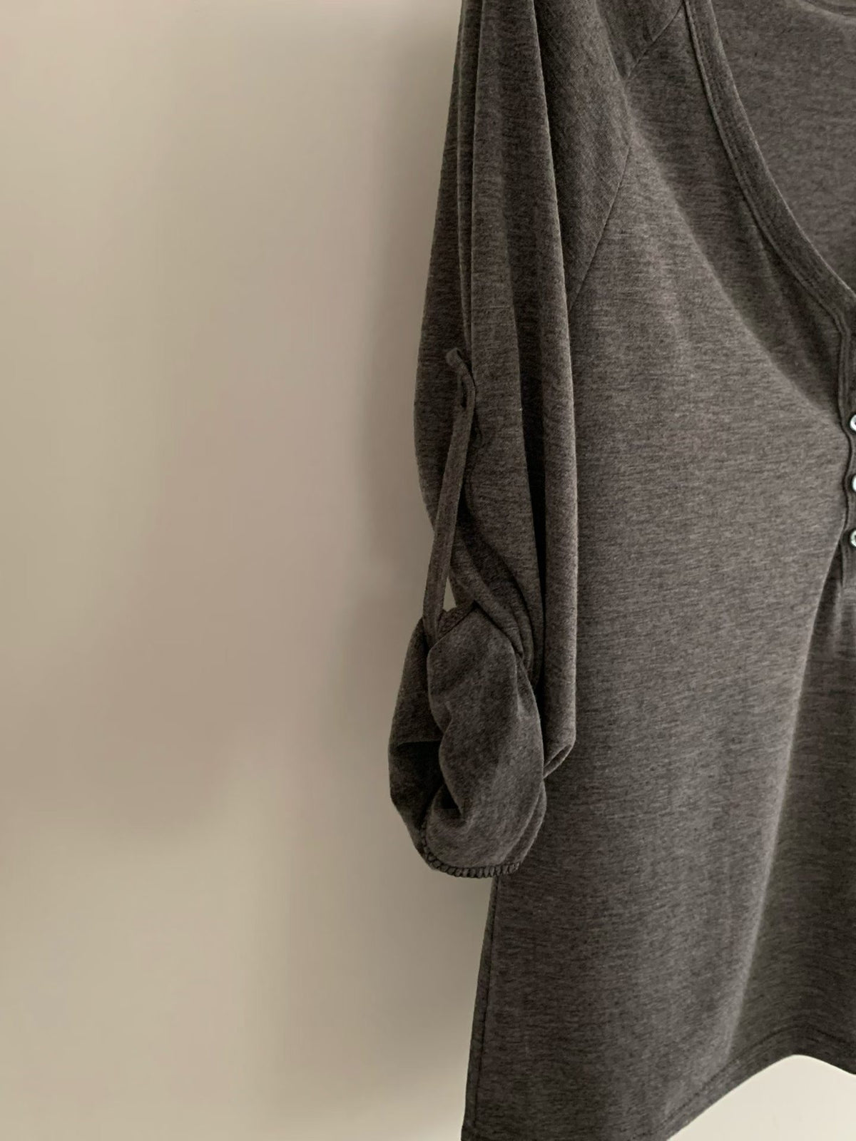 T222 Roll-Tab Henley Top - Charcoal sleeve tab detail