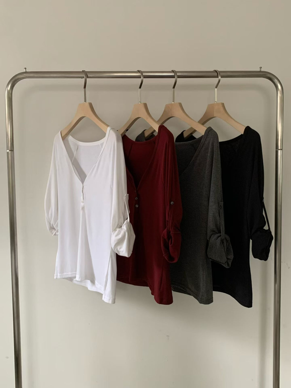 T222 Roll-Tab Henley Top - White Burgundy Charcoal Black
