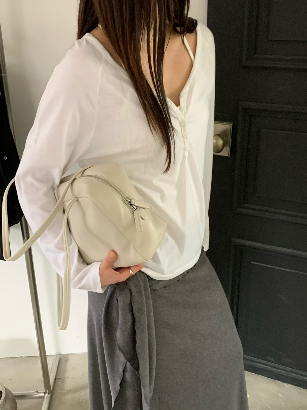 T222 Roll-Tab Henley Top - White styled