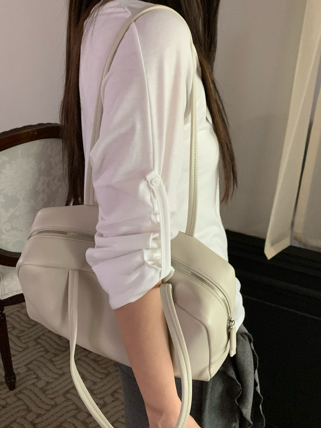 T222 Roll-Tab Henley Top - White roll-up sleeve