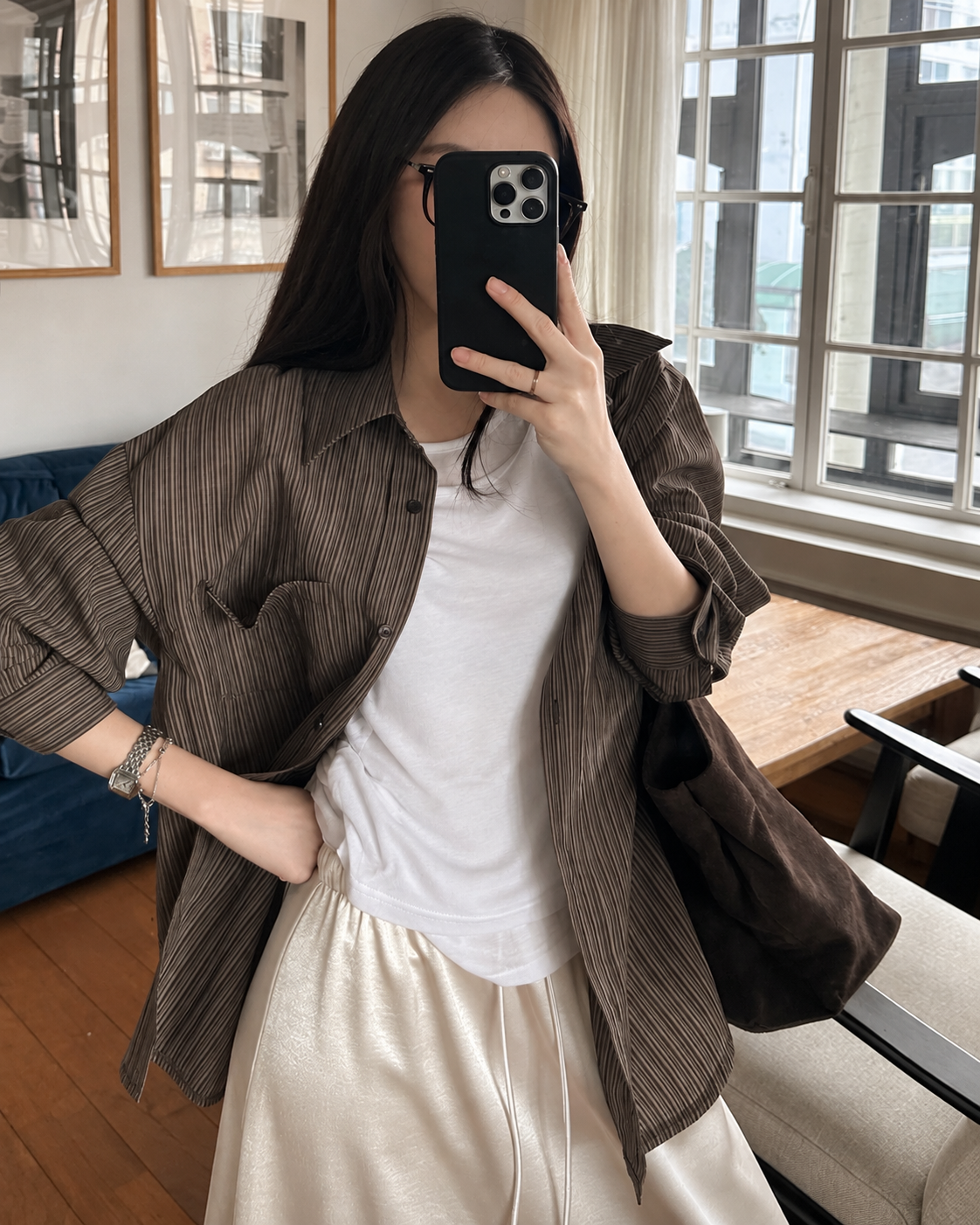 U146 Pressline Stripe Shirt - Brown styled