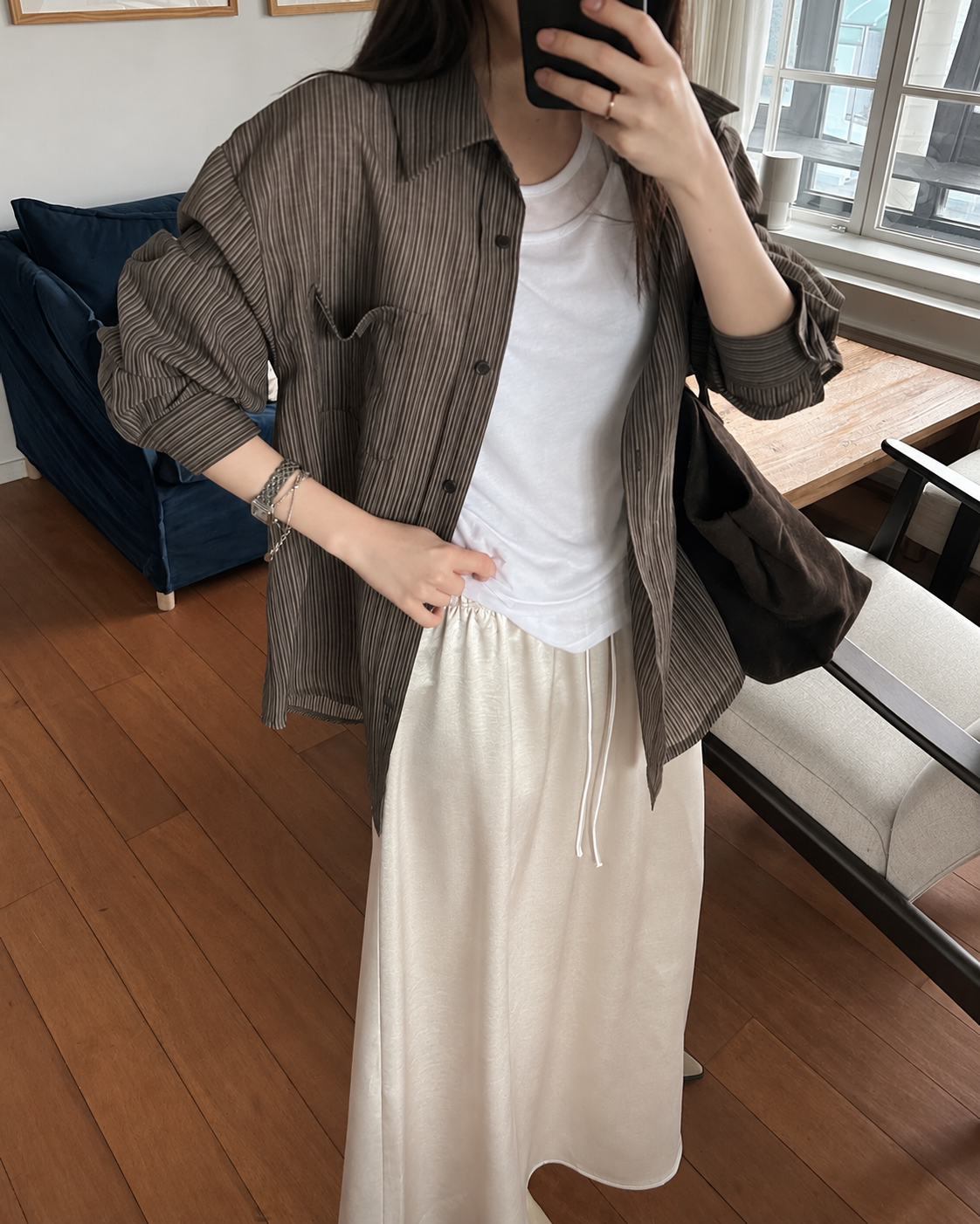 U146 Pressline Stripe Shirt - Brown open styling