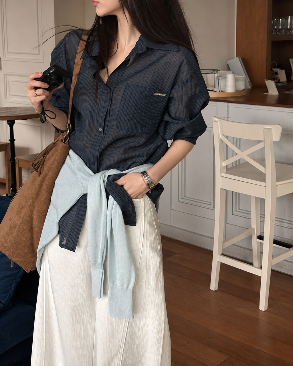 U146 Pressline Stripe Shirt - Navy sheer texture